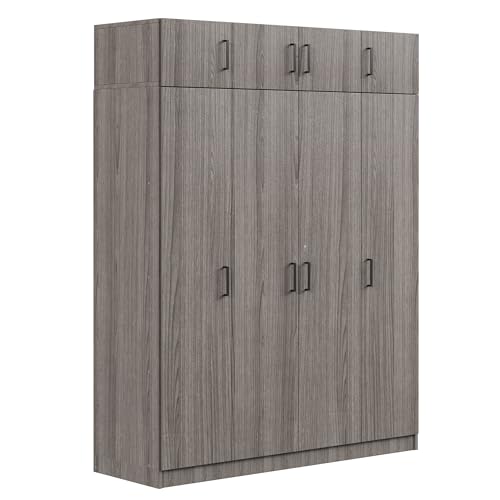 Wardrobe Armoire with 4 Doors, Mirror, Shelves, Drawers and Hanging Rod P814720