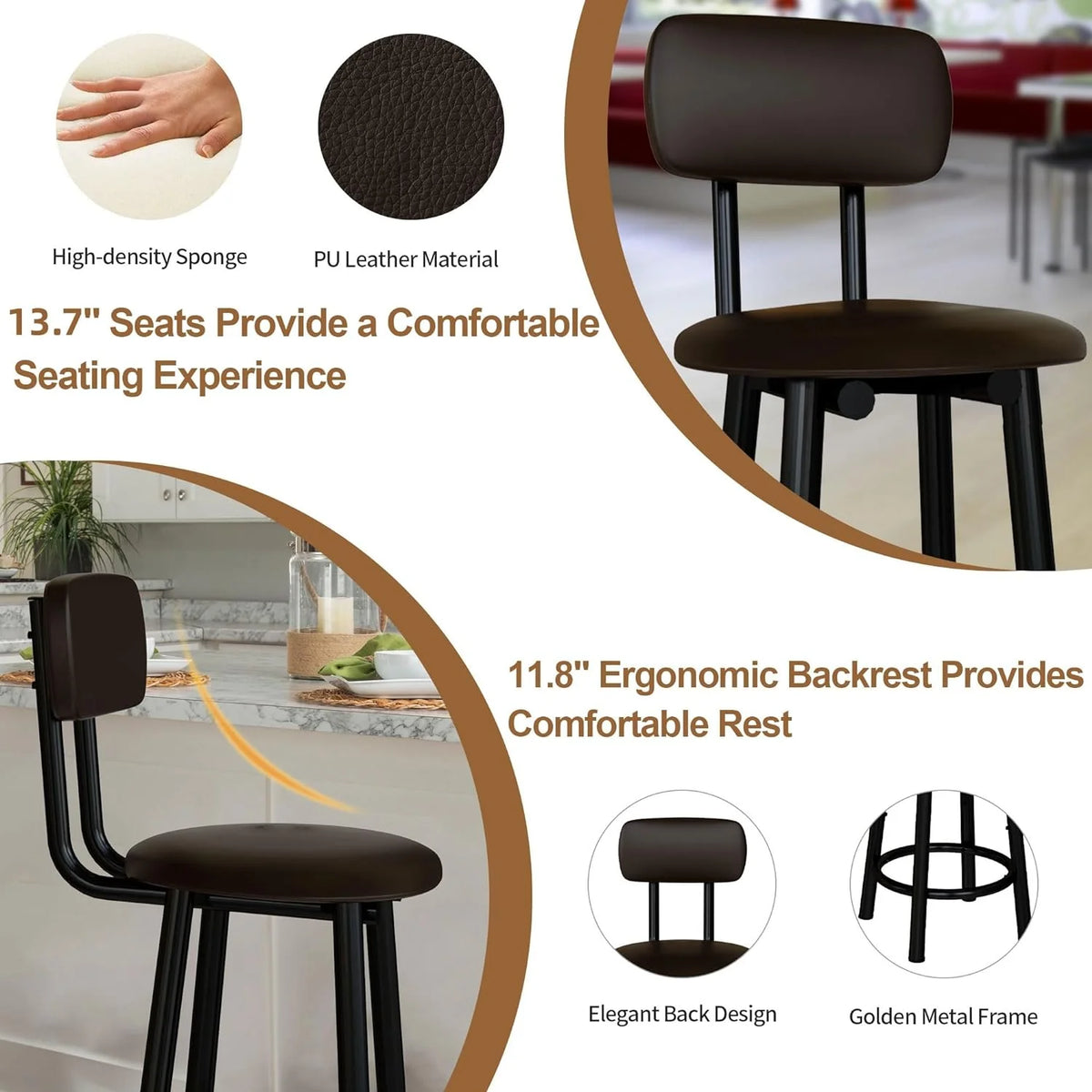 Bar Stools Set of 4, 35.4 inch PU Leather with Backrest, Rustic Brown D6643