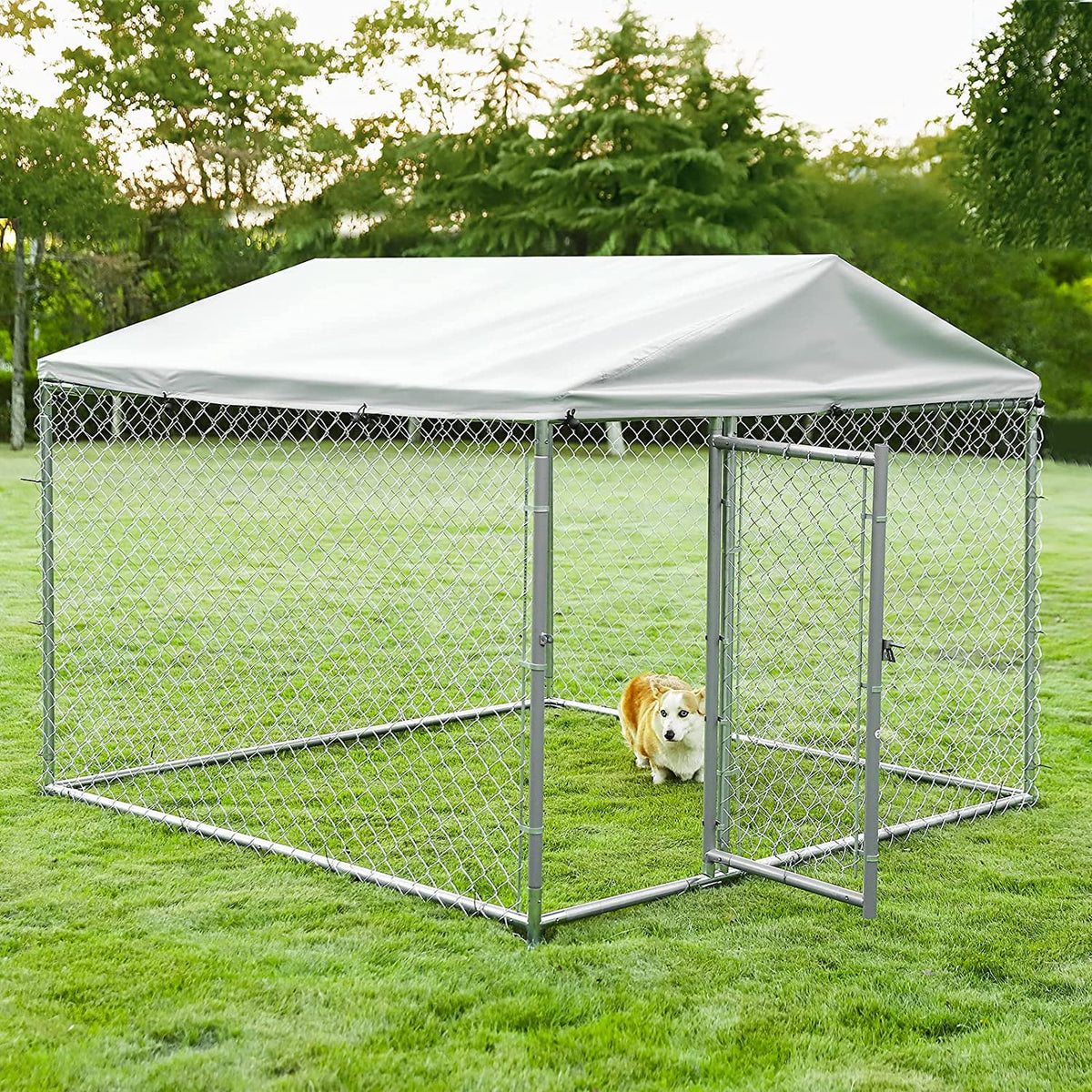 Large Dog Kennel with Galvanized Chain Link and Waterproof Cover E63255