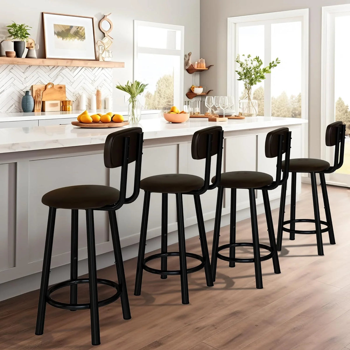 Bar Stools Set of 4, 35.4 inch PU Leather with Backrest, Rustic Brown D6643