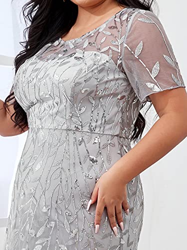 Plus Size Sequin Short Sleeves Embroidery Mermaid Maxi Evening Dress V764795