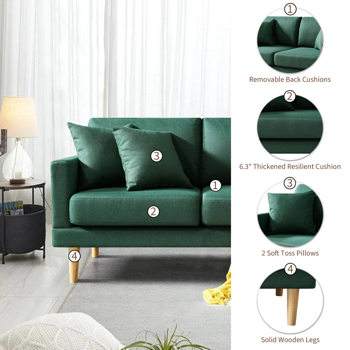 Dark Green Loveseat Sofa with Throw Pillow P543166