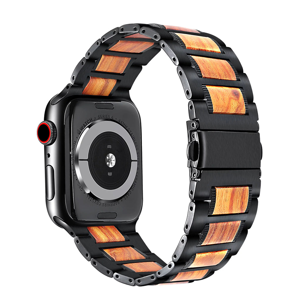Black Stainless Steel & Wood Watch Band 42mm/44mm/45mm/49mm V1084