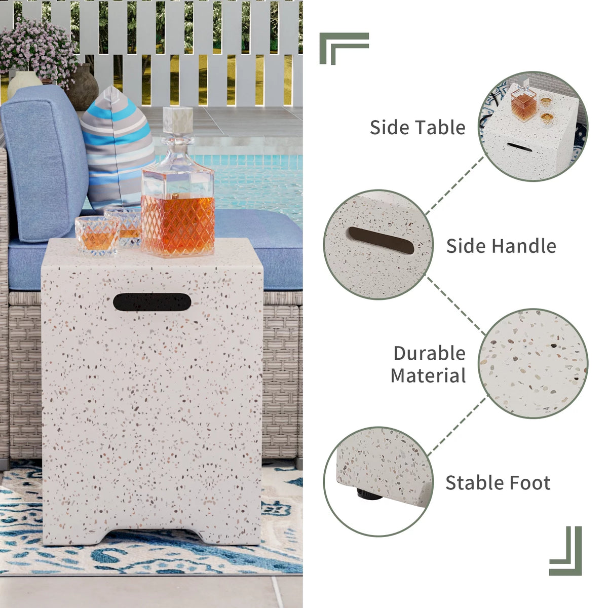 35-inch Square Terrazzo White Propane Fire Pit with Wind Guard and Side Table T254383
