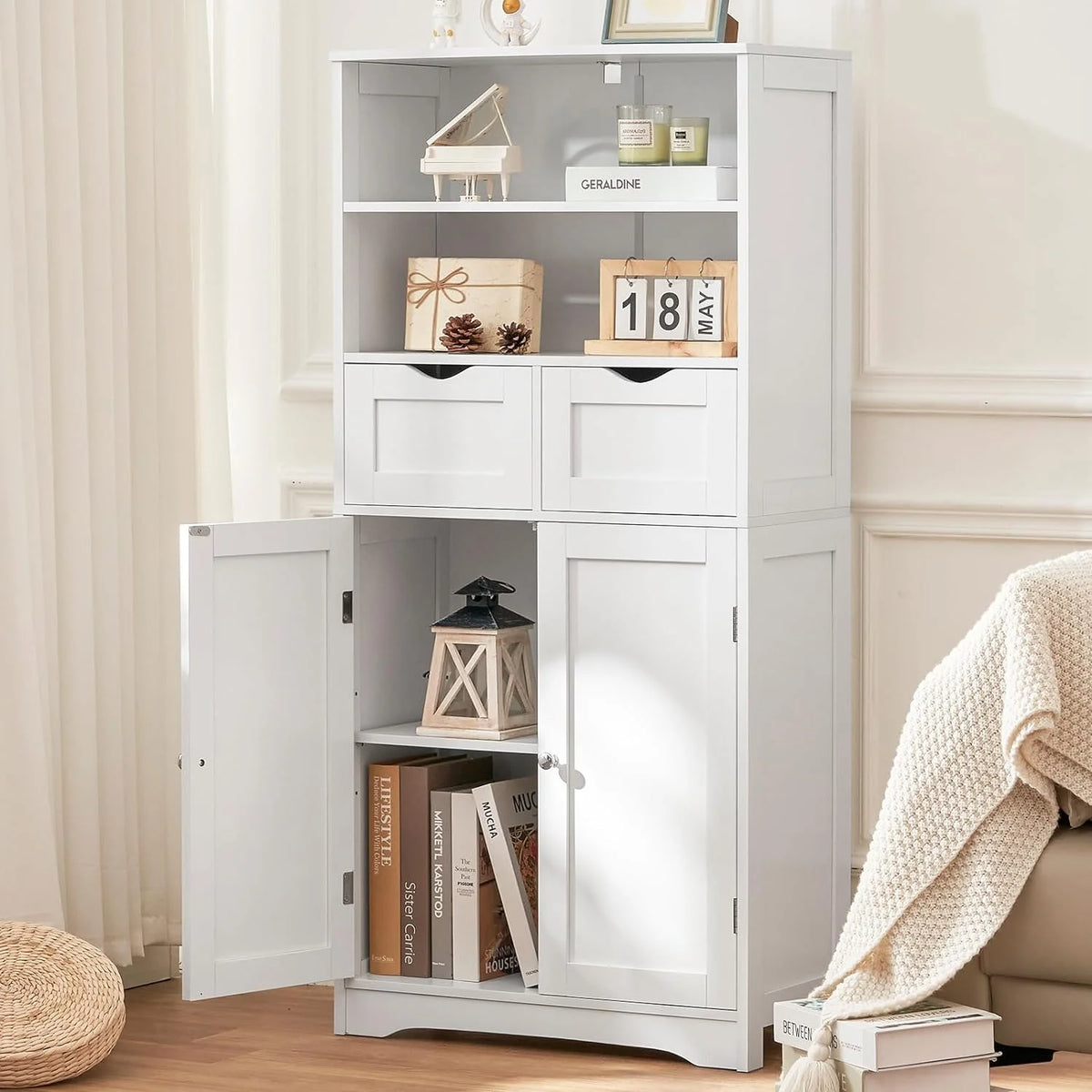 White Tall Bathroom Storage Cabinet with 2 Drawers S46645
