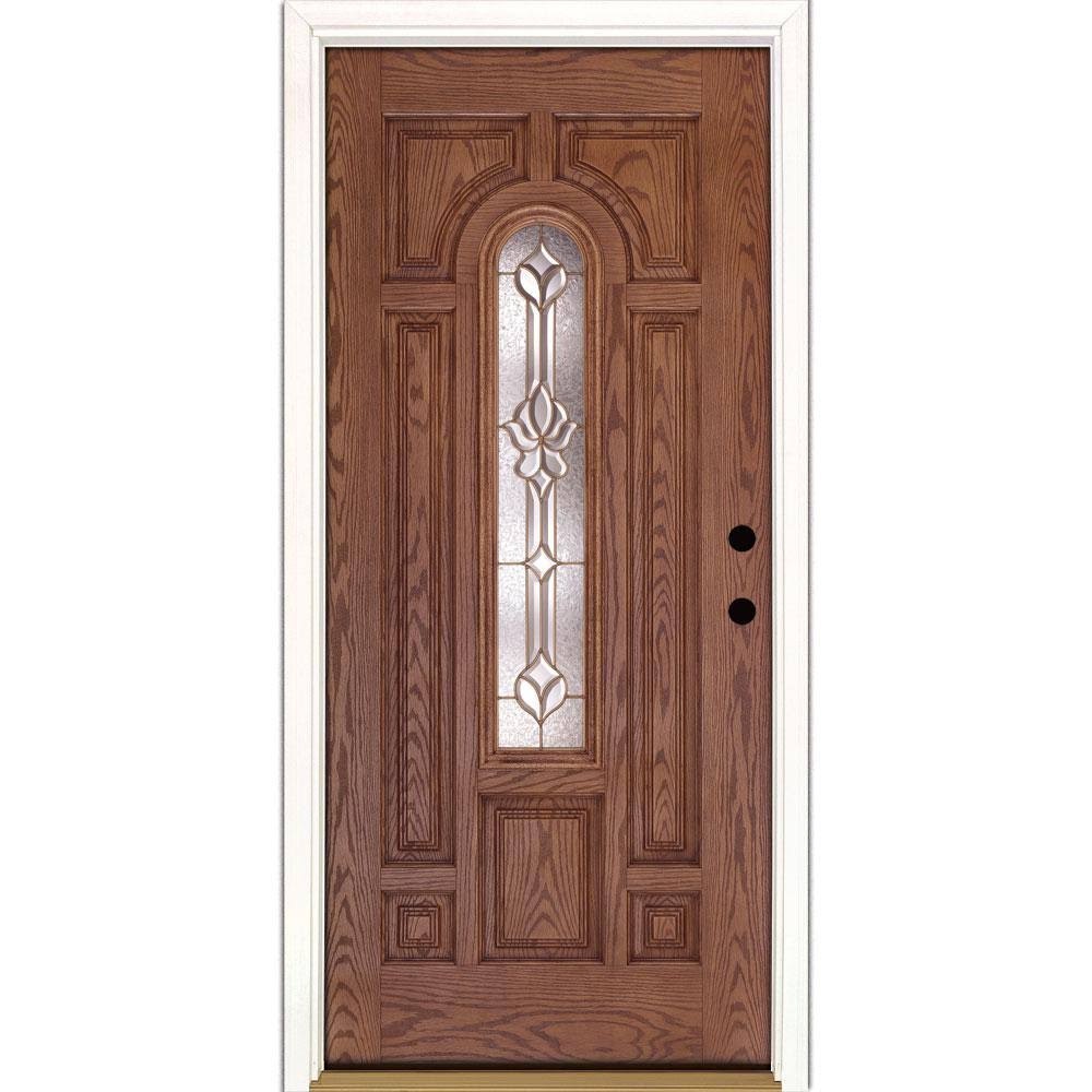 Medina Brass Center Arch Lite Stained Medium Oak Left-Hand Inswing Fiberglass Prehung Door U121613