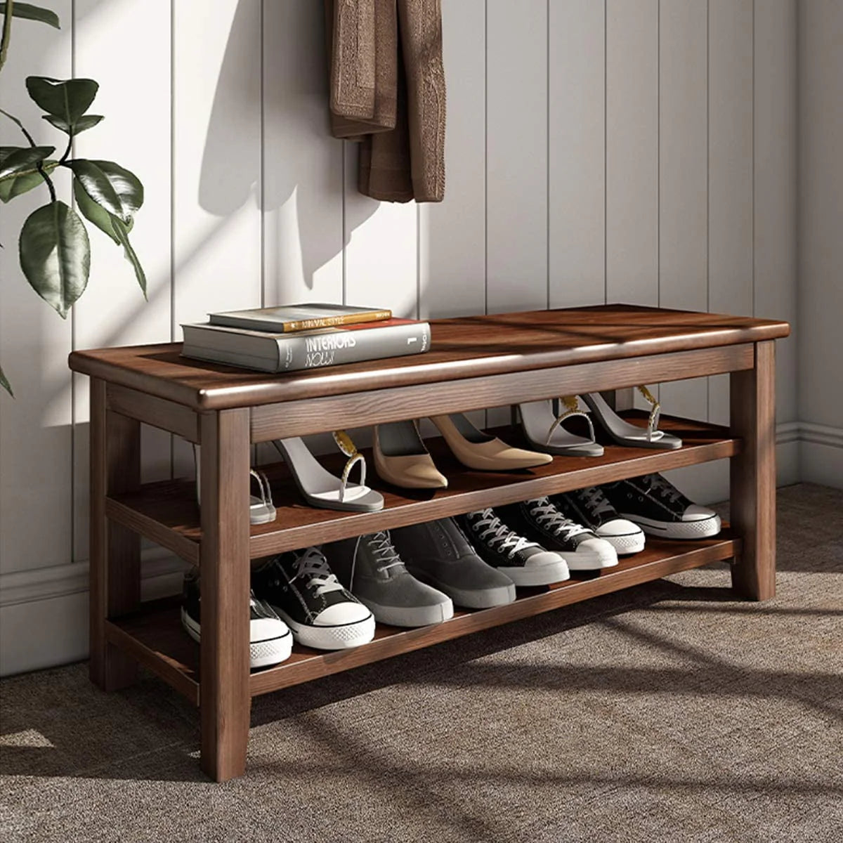 3 Tier Dark Brown Wood Shoe Storage Bench U65064