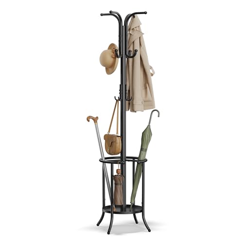 Ink Black Metal Coat Rack with 12 Hooks and Umbrella Holder T301132