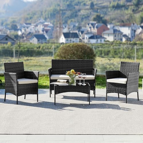 Black 4 Piece Outdoor Wicker Patio Furniture Set with Coffee Table and Sofa T77759