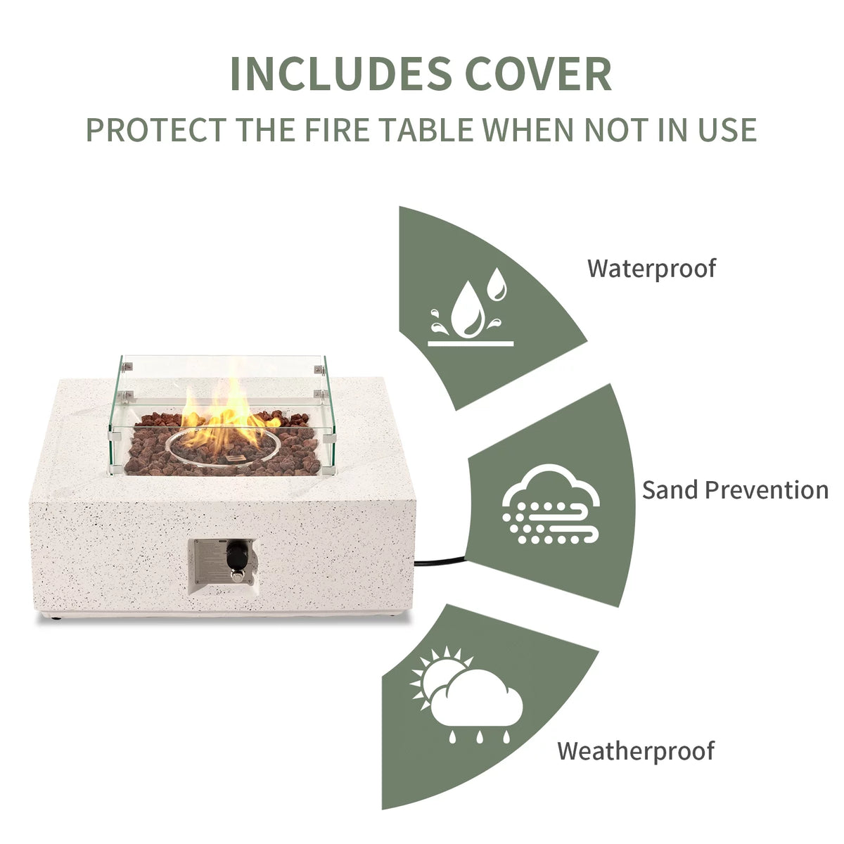 35-inch Square Terrazzo White Propane Fire Pit with Wind Guard and Side Table T254383