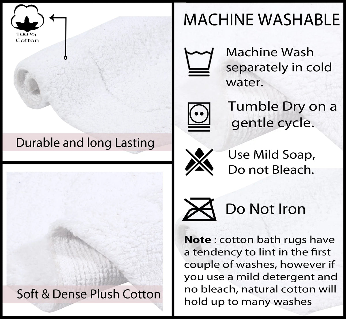 100% Cotton Tufted Non-Slip Machine Washable Bath Rug, 22"x60" White B87353