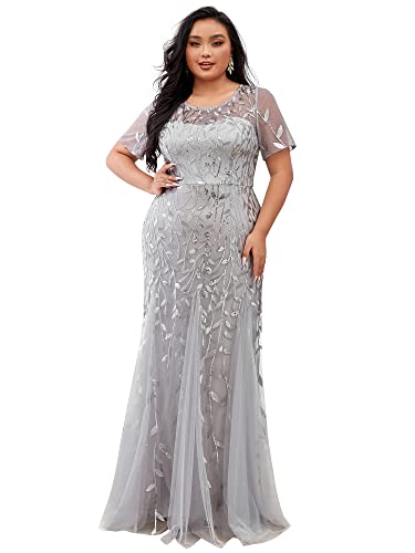 Plus Size Sequin Short Sleeves Embroidery Mermaid Maxi Evening Dress V764795