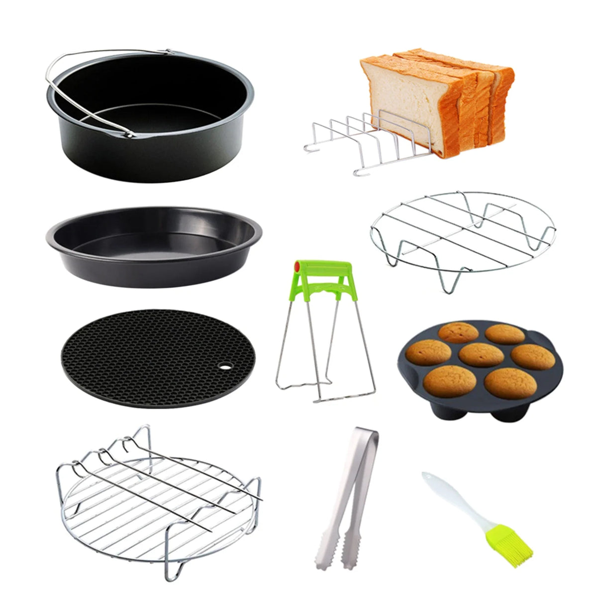 10Pcs Air Fryer Accessory Kit with Frying Pan Rack Pizza Tray Cupcake Mould Set K1984