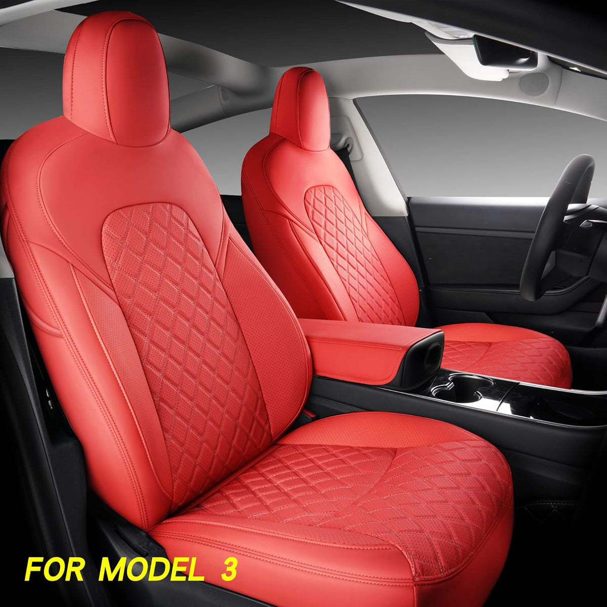 White Faux Leather Custom Car Seat Covers Full Set for Tesla Model Y Y9499