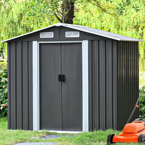 8 x 6FT Grey Metal Outdoor Storage Shed with Sliding Door T83509