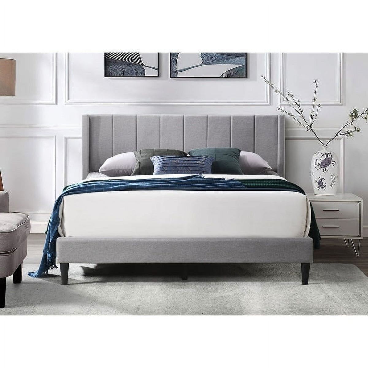King Grey Linen Vertical Tufted Platform Bed X4279