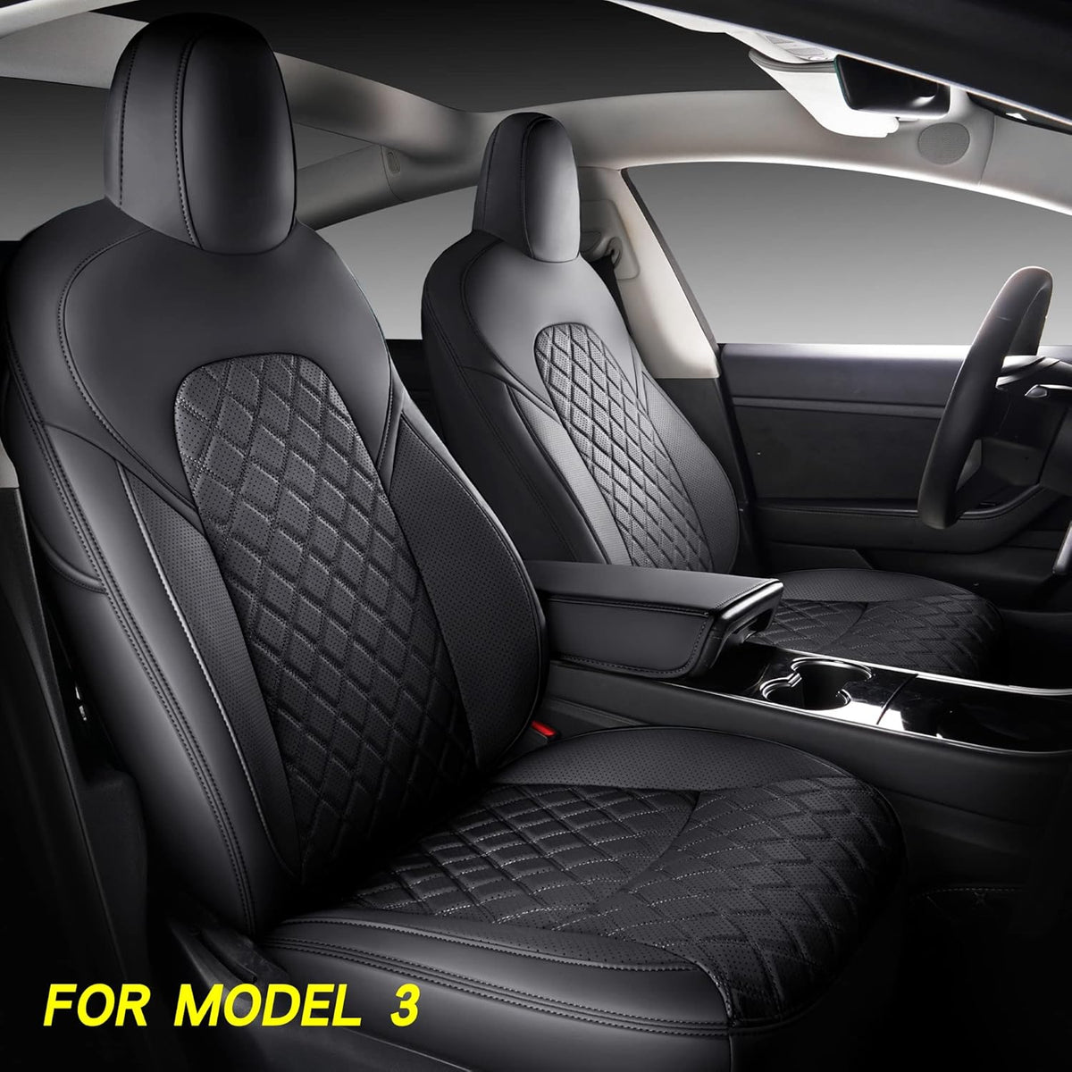 White Faux Leather Custom Car Seat Covers Full Set for Tesla Model Y Y9499