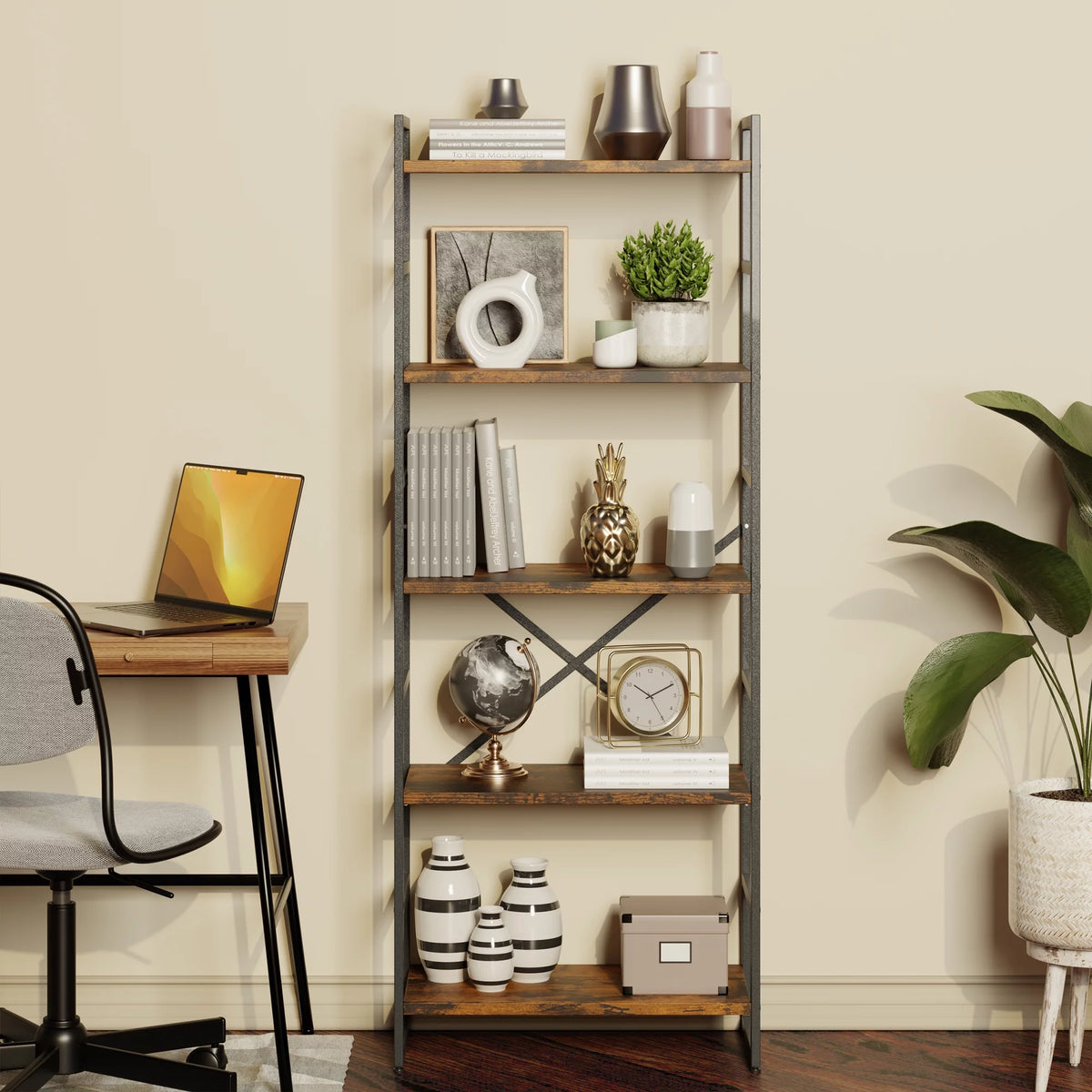 5 Tiers Tall Brown Bookshelf S257