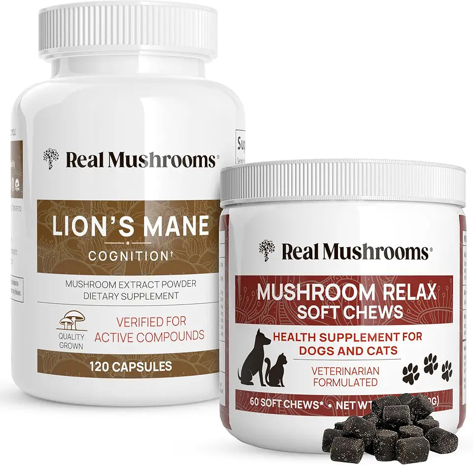 Lion's Mane 120ct & Mushroom Pet Relax Chews 60 Chews Bundle V377