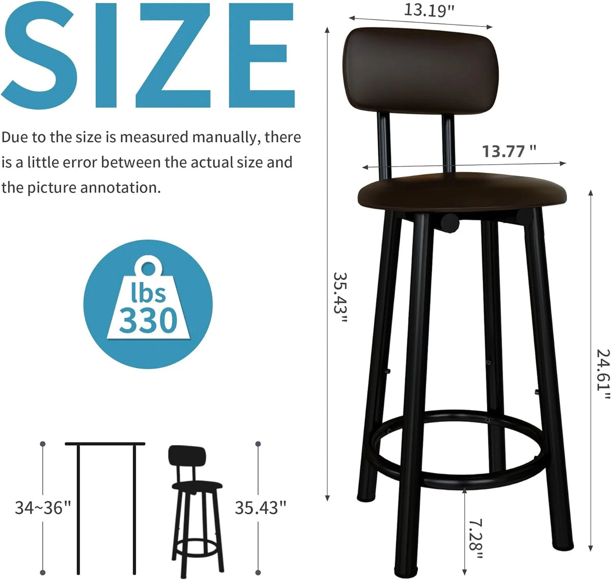 Bar Stools Set of 4, 35.4 inch PU Leather with Backrest, Rustic Brown D6643