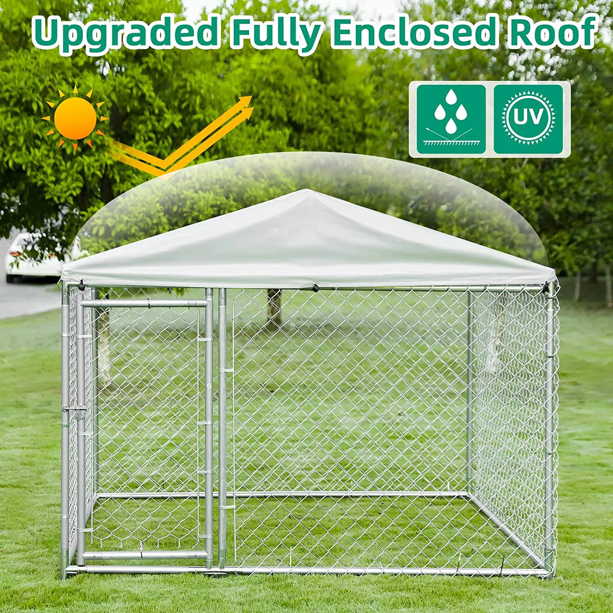 Large Dog Kennel with Galvanized Chain Link and Waterproof Cover E63255