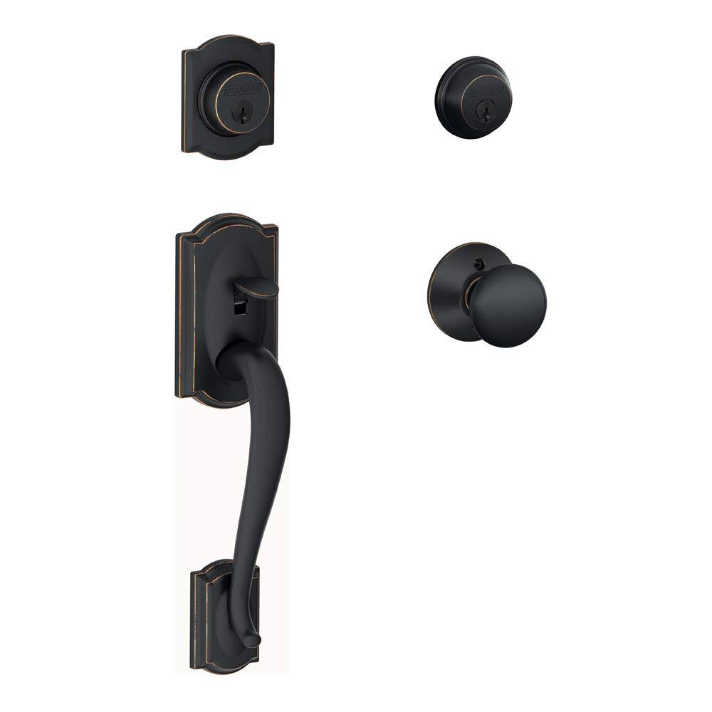 Aged Bronze Double Cylinder Handleset with Plymouth Interior Knob G375