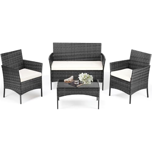 Black 4 Piece Outdoor Wicker Patio Furniture Set with Coffee Table and Sofa T77759