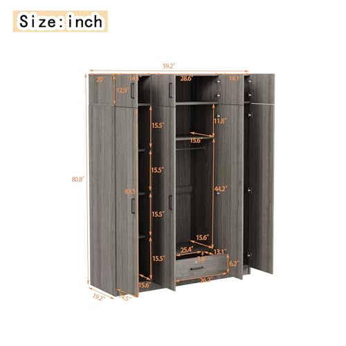 Wardrobe Armoire with 4 Doors, Mirror, Shelves, Drawers and Hanging Rod P814720