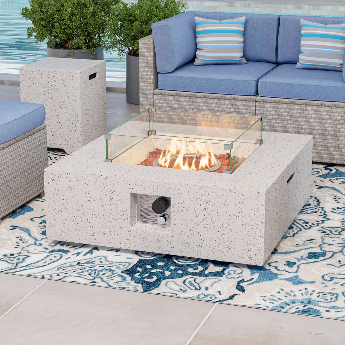 35-inch Square Terrazzo White Propane Fire Pit with Wind Guard and Side Table T254383