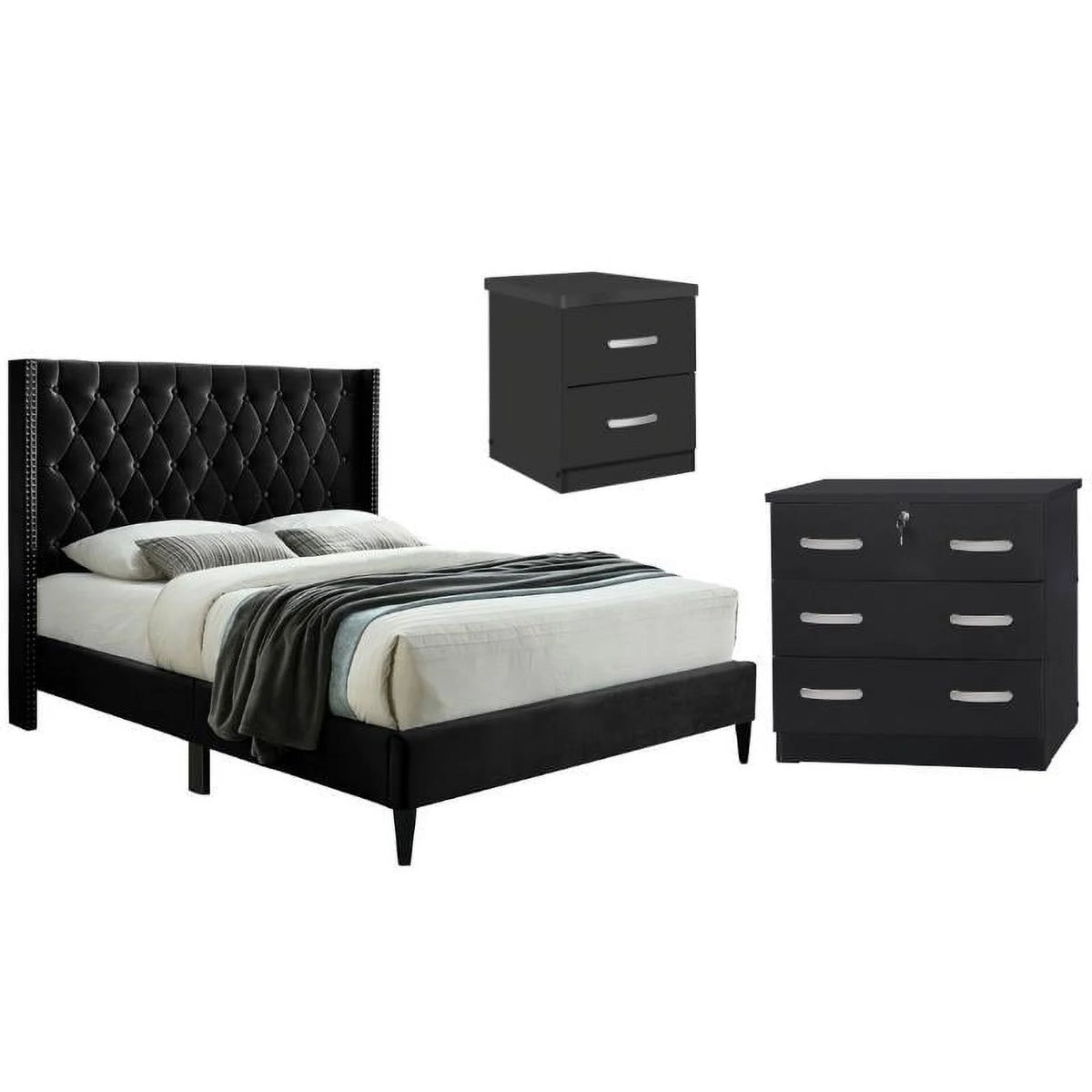 3-Piece Tufted Full Bed Dresser Nightstand Set S810