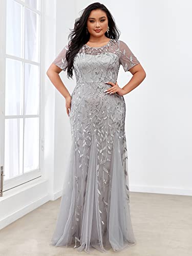 Plus Size Sequin Short Sleeves Embroidery Mermaid Maxi Evening Dress V764795