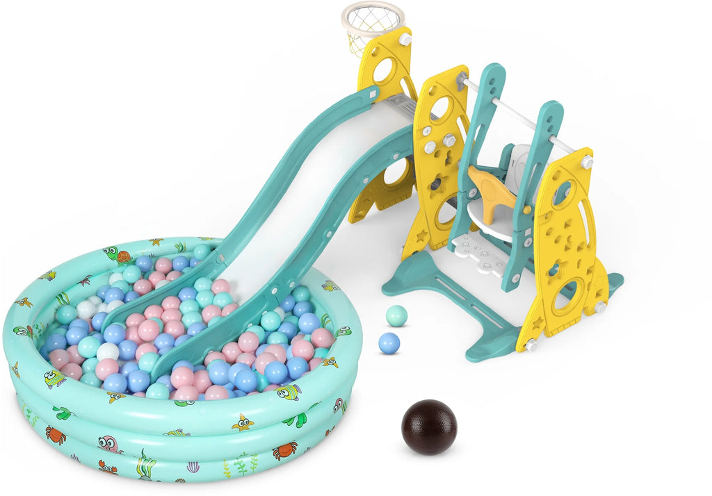 6 in 1 Toddler Slide and Swing Set with Basketball Hoop G62021