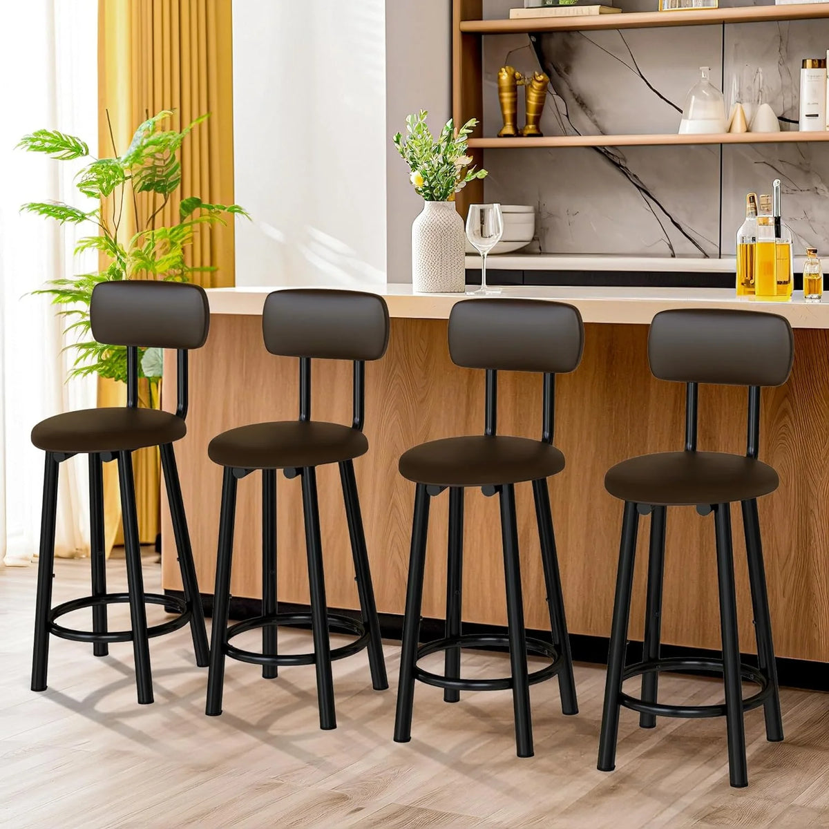 Bar Stools Set of 4, 35.4 inch PU Leather with Backrest, Rustic Brown D6643