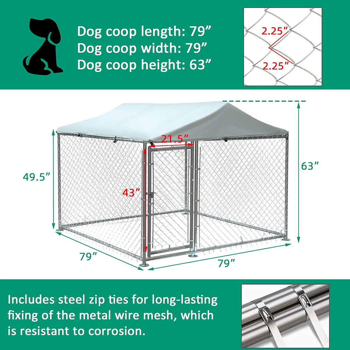 Large Dog Kennel with Galvanized Chain Link and Waterproof Cover E63255