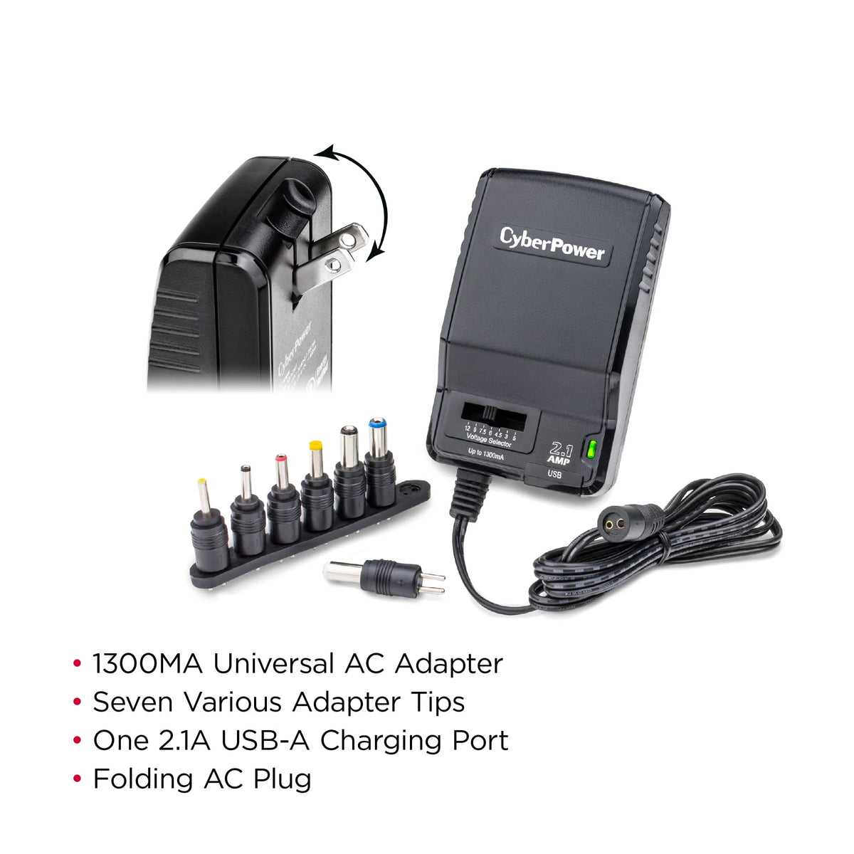 Universal Power Adapter 3 -12 Volt / 1300mA with Folding AC Plug and 2.1 Amp USB Charge Port B6518