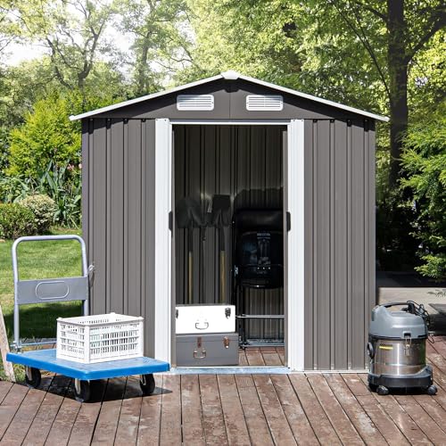 8 x 6FT Grey Metal Outdoor Storage Shed with Sliding Door T83509