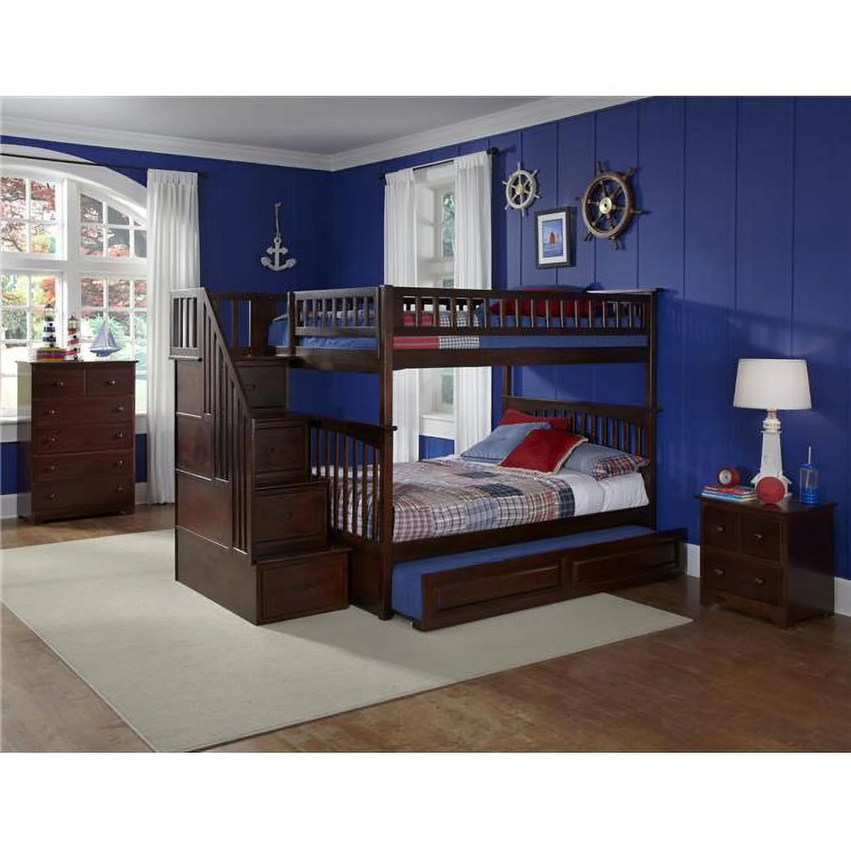 Antique Walnut Full Over Full Size Bunkbed with Trundle Bed R229419