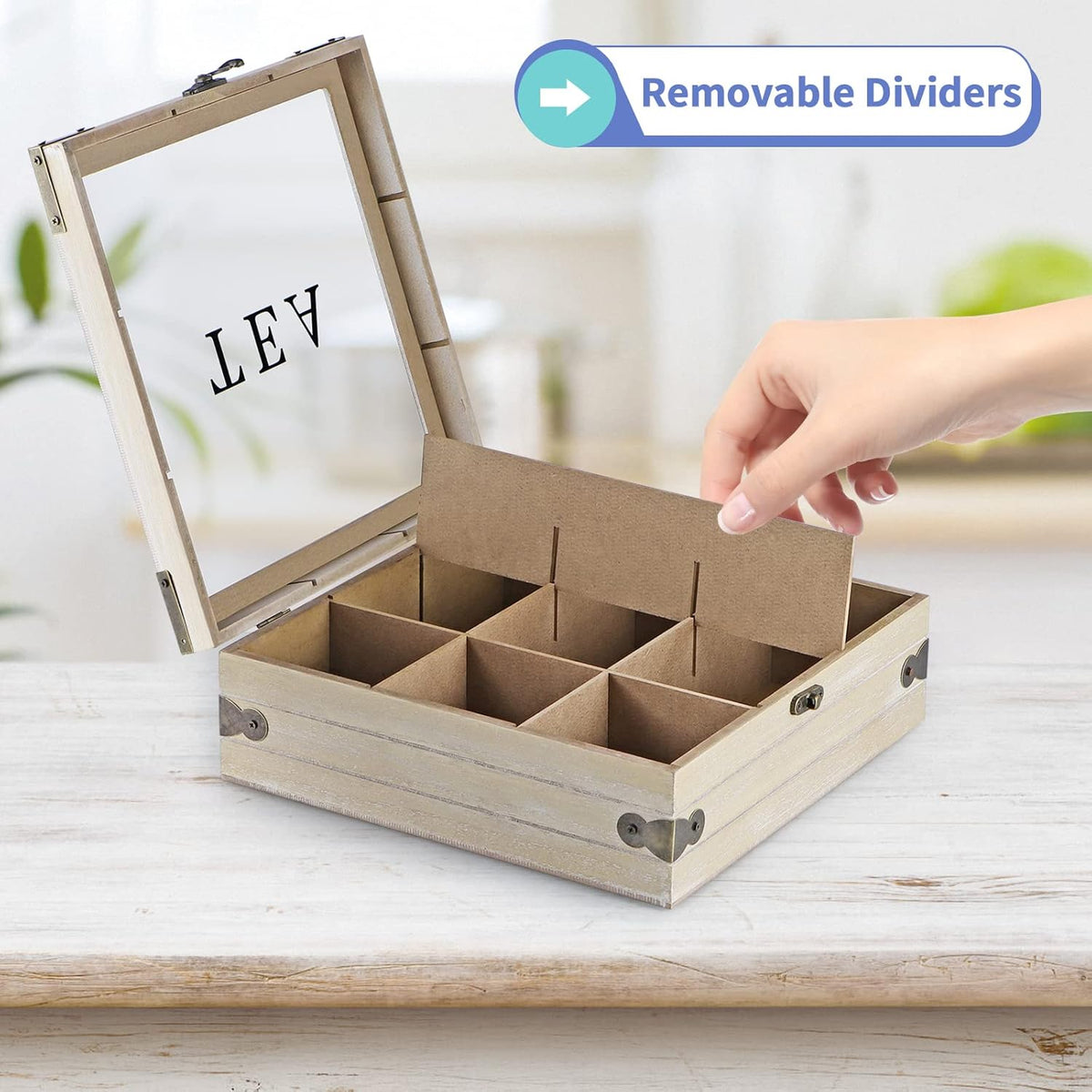 Wood Tea Box Organizer with Glass Lid, 9 Compartments U55236