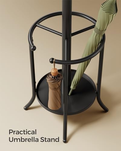Ink Black Metal Coat Rack with 12 Hooks and Umbrella Holder T301132