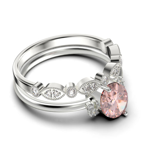 10K Solid White Gold Oval Cut Morganite And Diamond Moissanite Engagement Ring S521
