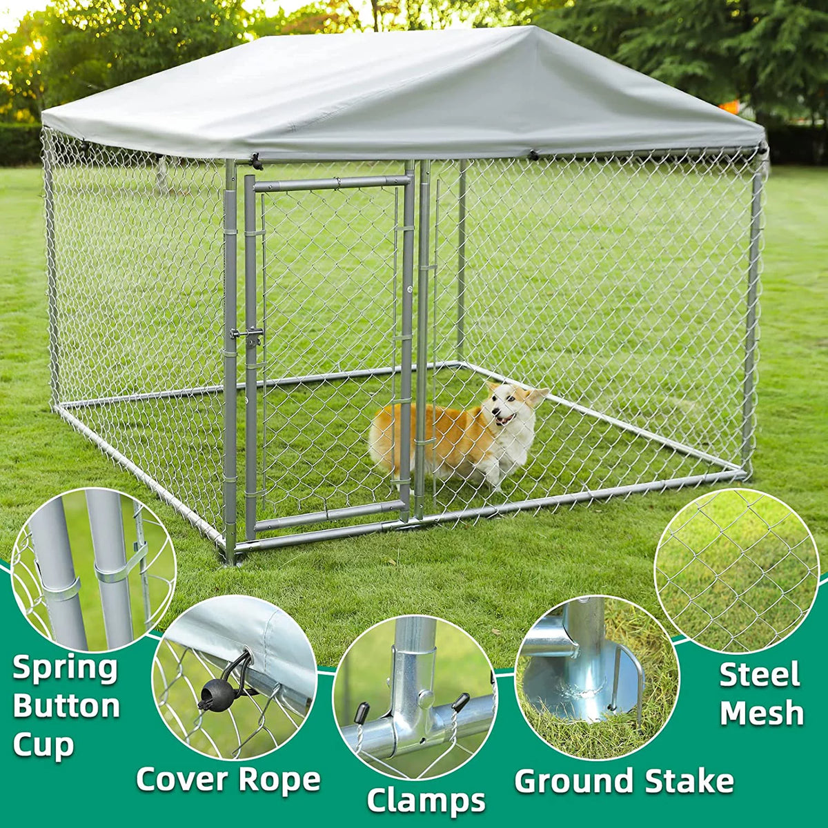 Large Dog Kennel with Galvanized Chain Link and Waterproof Cover E63255