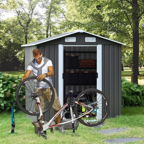 8 x 6FT Grey Metal Outdoor Storage Shed with Sliding Door T83509
