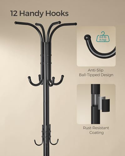 Ink Black Metal Coat Rack with 12 Hooks and Umbrella Holder T301132