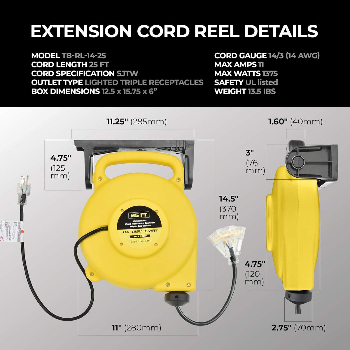 25 Ft Retractable Extension Cord Reel with 3 Electrical Outlets A506851