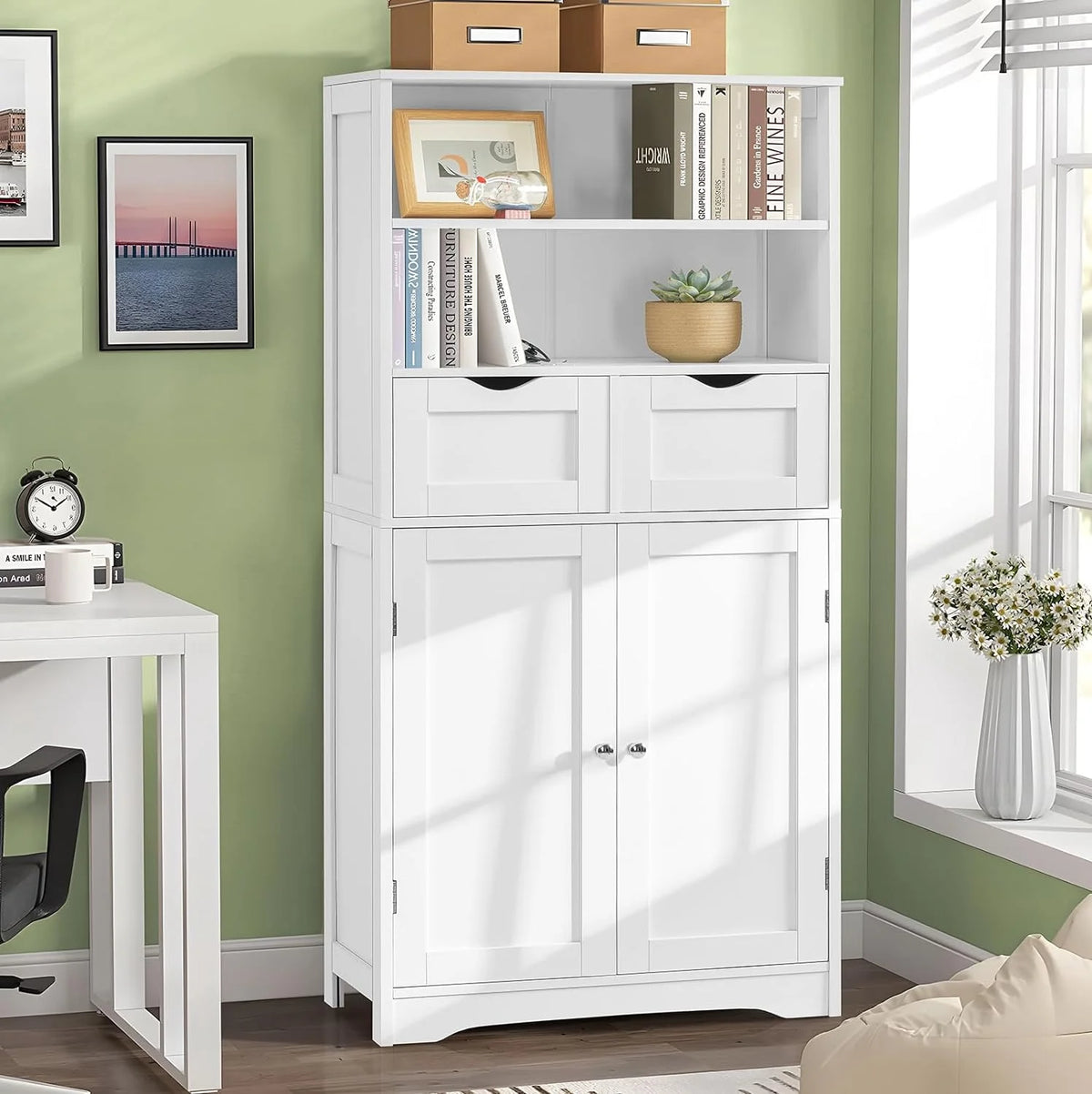 White Tall Bathroom Storage Cabinet with 2 Drawers S46645