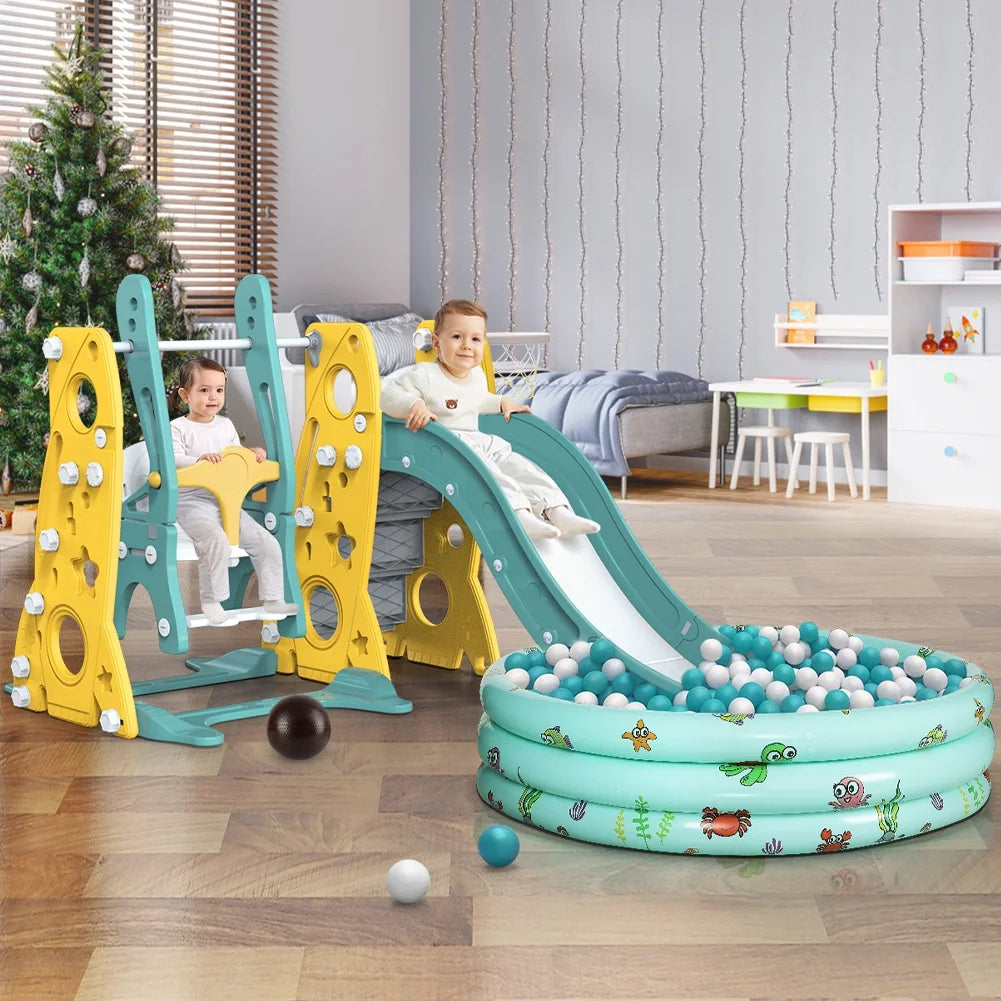 6 in 1 Toddler Slide and Swing Set with Basketball Hoop G62021