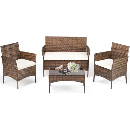 Black 4 Piece Outdoor Wicker Patio Furniture Set with Coffee Table and Sofa T77759