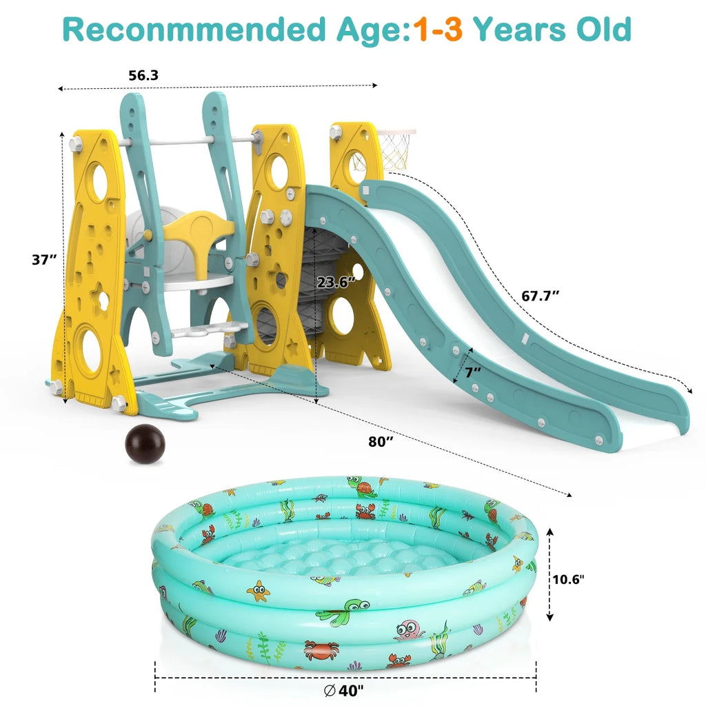 6 in 1 Toddler Slide and Swing Set with Basketball Hoop G62021