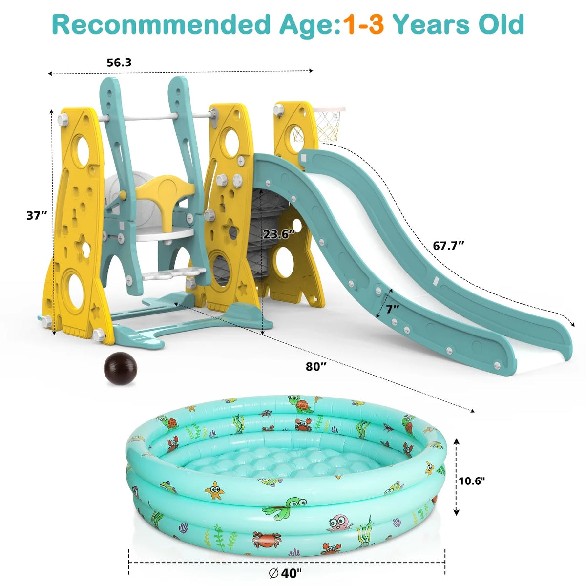 6 in 1 Toddler Slide and Swing Set with Basketball Hoop G62021