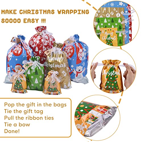 22pcs Drawstrings Christmas Gift Bags Assorted Sizes Reusable Plastic T932